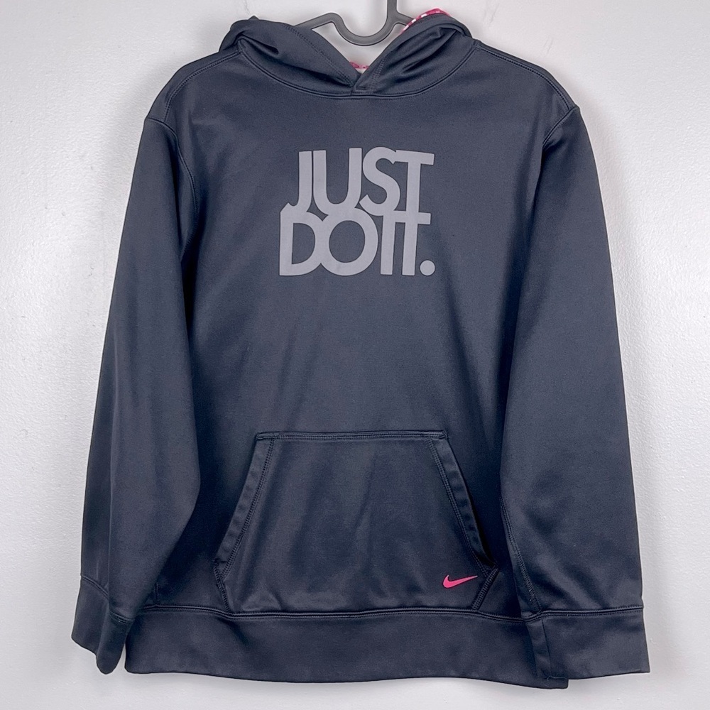 Nike Youth Girls XL Black, Gray Just Do It Therma-Fit Hoodie, Pink Swoosh